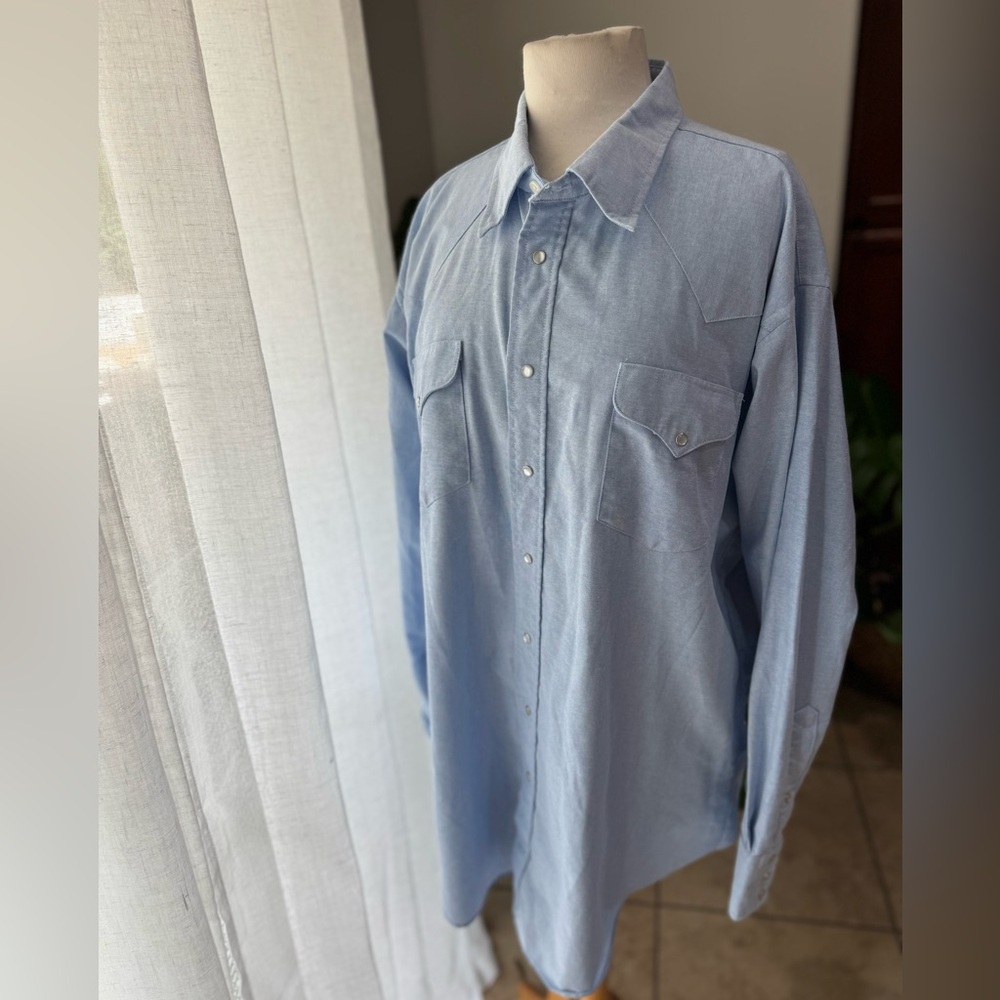 Ruddock Western Shirt Tall 18.5 36 Extra‎ Long Tail Snap Front Chambray USA
